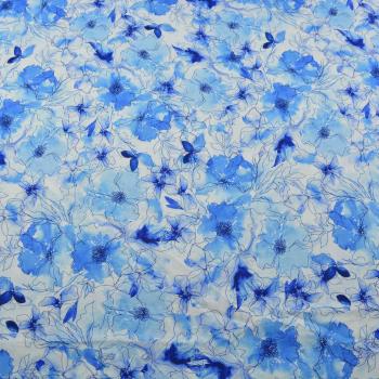 Baumwoll Leinen Blüten in Blautönen auf Ecru